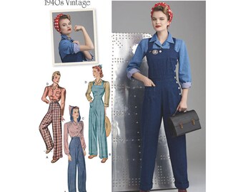 Simplicity sewing pattern 8447 1940s vintage retro Rosie the Riveter costume outfit pants overalls blouse misses' sizes 16-24 UNCUT