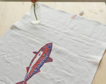 Hand-printed linen dish towel with fish