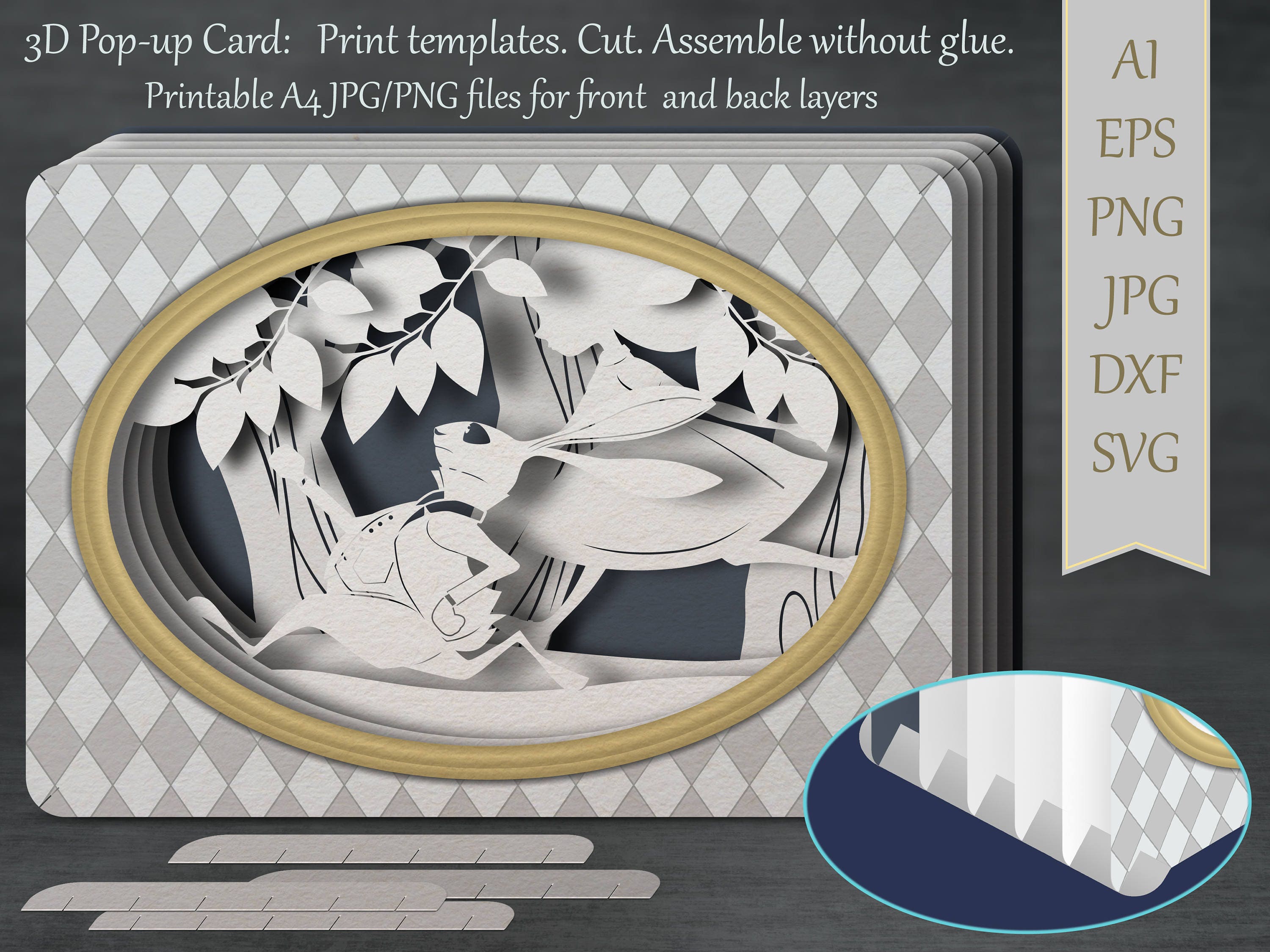 Tunnel Card 3d Pop Up Card Papercut Template White Rabbit Alice In Wonderland Ai Eps Png Laser Cut Pop Up Card Template