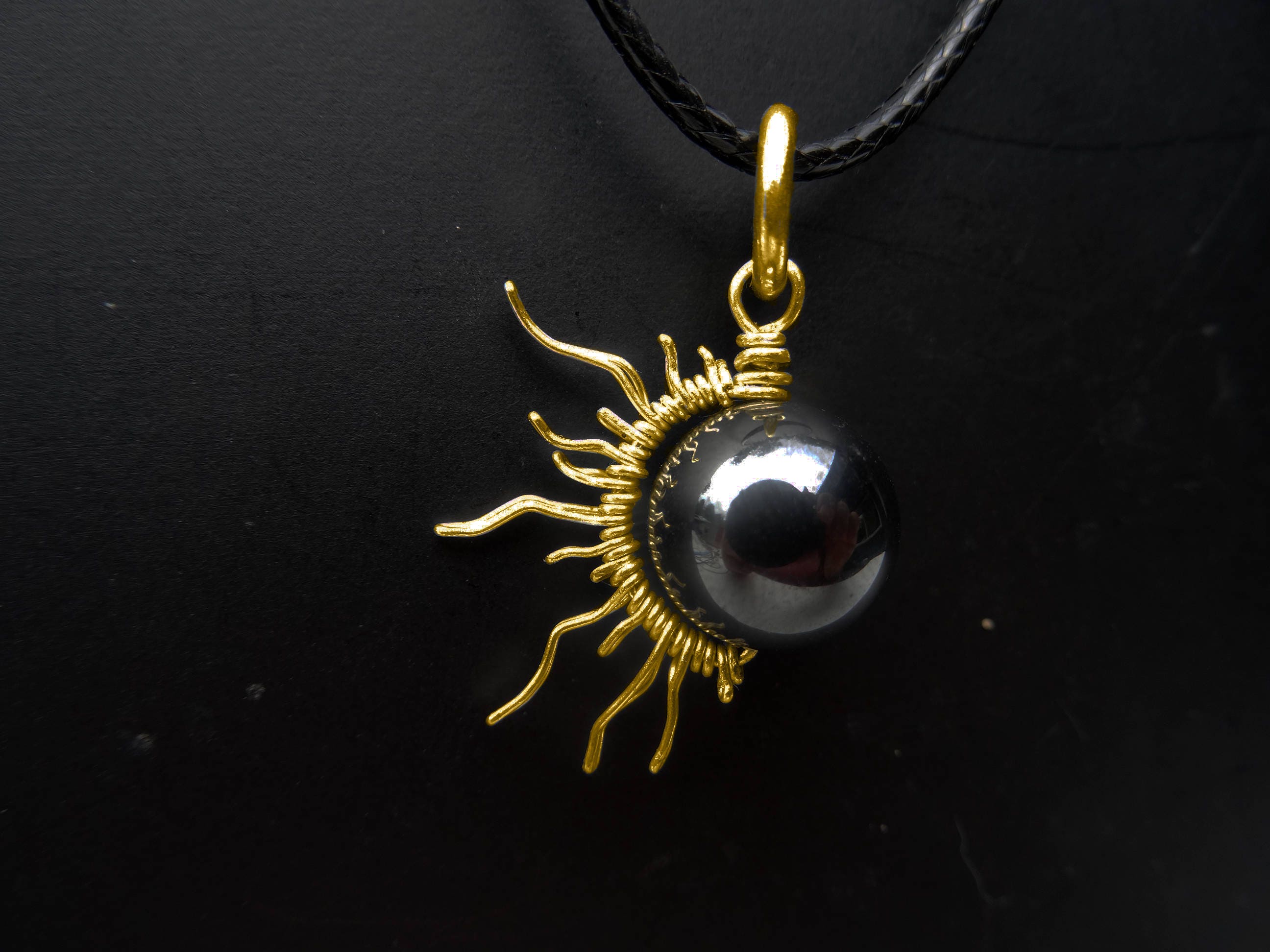 Solar Eclipse Pendant 14k Gold Hematite Jewelry Sun