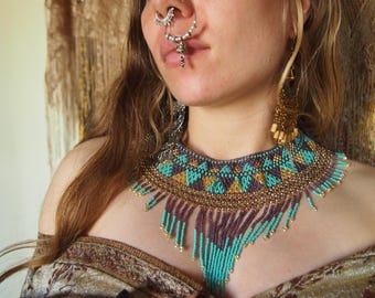 Turquoise Tribal Mexican traditional glass beaded necklace