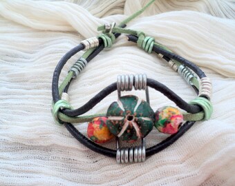 Man-Wire Bracelet recycled leather and suede-wood jewelry beads