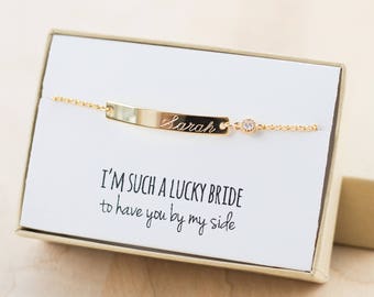 Junior Bridesmaid Gift - Junior Bridesmaid Jewelry - Junior Bridesmaid Bracelet (Gold Bar Bracelet with CZ) - Flower Girl Bracelet