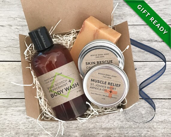 Mens Gift Set Organic Soap Body Wash Muscle Relief Balm