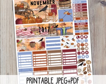 November Monthly printable planner stickers for your Erin Condren LifePlannerTM watercolor cozy fall scarecrow pumpkin rustic sticker kit