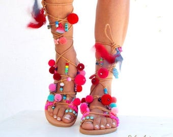 POM POM Sandals, Pom Pom, Leather Sandals, Gladiator sandals, Greek Sandals, "lollipop" Colorful Sandals, beaded sandals, boho leather shoes
