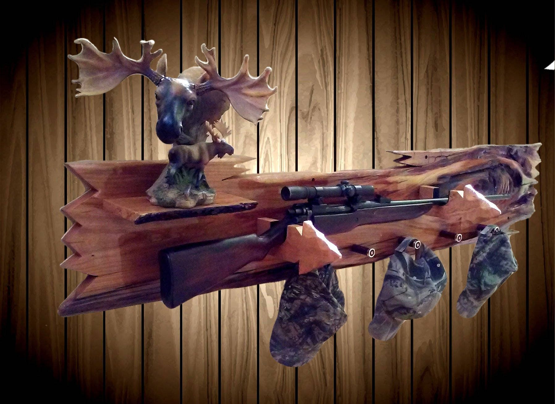 Rustic Live Edge Cherry Wood Wall Gun Rack Shelf Shotgun 