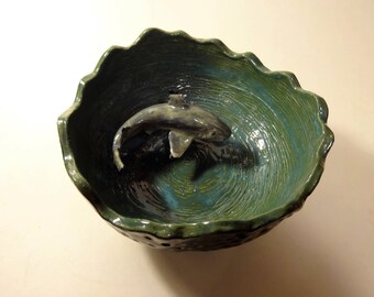 shark in a beautiful bowl, handmade porcelain dish, one of a kind sculpture, pottery