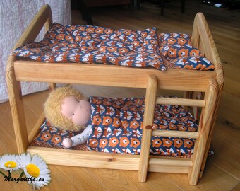 18 inch doll bunk bed, large doll bunkbed, wooden handmade doll bed, bedding, steiner wooden toy, large doll furniture, american doll bed