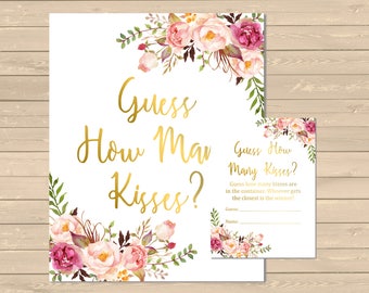 Gold Boho Floral Guess How Many Kisses Game, Pink Floral Printable Hershey Kisses Game, Bridal Shower Candy Guessing Game, Download 110-G
