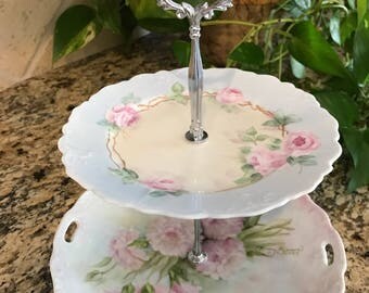 Two Tier Stand, Jewelry Stand, Vanity Tray, Bathroom Tray, Ring Dish, Cake Stand, Tidbit, Shabby Chic, Antique, Ornate, Hand Painted