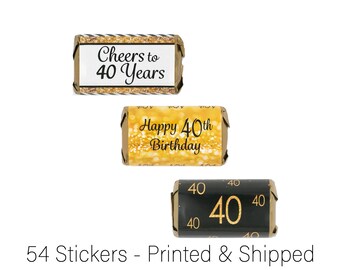 Happy 40th Birthday Decorations - 40th Birthday Gold & Black Party Favors - 40th Birthday Decor - 54 Stickers for Hershey's Miniature Bars
