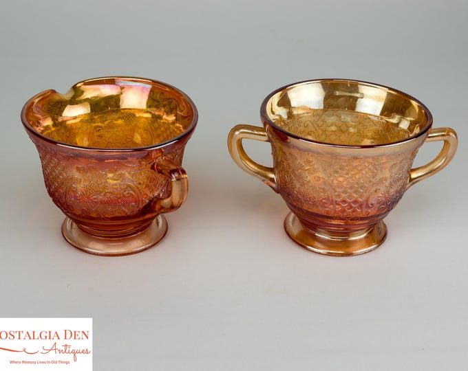 Vintage Footed Sugar and Creamer Set | Normandie Pattern | Iridescent Depression Glass