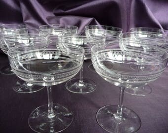 Rare Set of 9 Antique Edwardian Fine Etched Crystal Glass Champagne Saucers Coupe Glasses Linked Circles Pattern