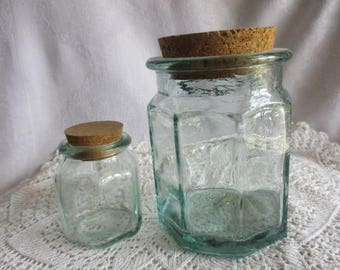 Two Vintage Recycled Green Glass Kitchen Jars Made in Spain