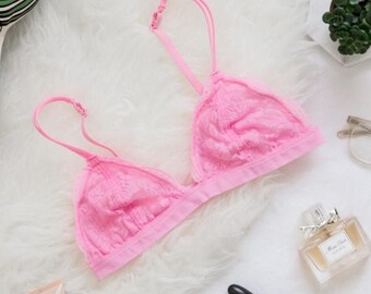 ON SALE Lace BRALETTE Triangle Bra Floral Sheer Bralette Bras Bustier crop top unpadded Mesh Lined soft triangle bra scallop bralette