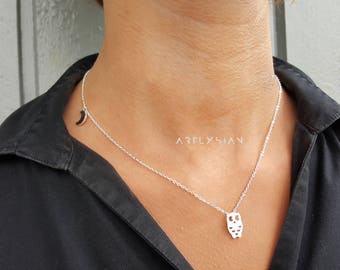 Owl necklace, Sideways charm necklace, Owl moon necklace, Silver owl necklace, moon owl necklace, night owl and moon, owl lovers gift, moons