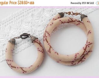 Sale Beige beaded jewelry set Flower necklace Woman beaded necklace Flower beaded bracelet Delicate wedding necklace Sakura flower New Year