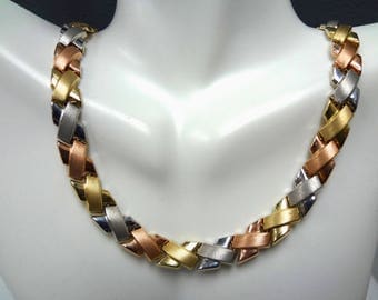 14K Tri Color Gold Necklace, 8.5mm Wide - Aurafin - 22.68 Grams