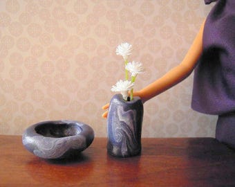 Handmade 1/6 designer miniatures purple vase & bowl set for Barbie Momoko Ever After Monster High ooak dolls dollhouse diorama made in USA