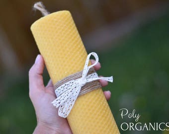Beeswax Candles 8 1/4 X 2 1/4" (hand rolled beeswax candles, pillar candles, honey candles, honeycomb, large beeswax candle, made in Canada)