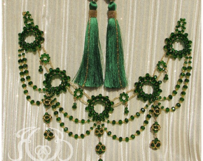 Green Head jewelry Beaded head piece Gold and Green forehead Emerald Medieval Headdress Indian Head Chain Gatsby Headband Green Necklace