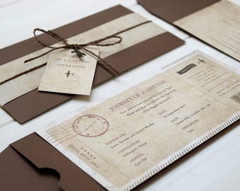 Journey Of A Lifetime | Vintage Boarding Pass, Travel Themed, Wedding Invitation, Old map, Brown