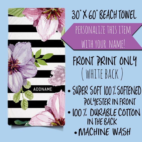 Personalized Beach Towel,Floral Beach Towels,Custom Name Towels,Monogrammed Towels,Elegant Black And White Stripes With Flowers Beach Towel