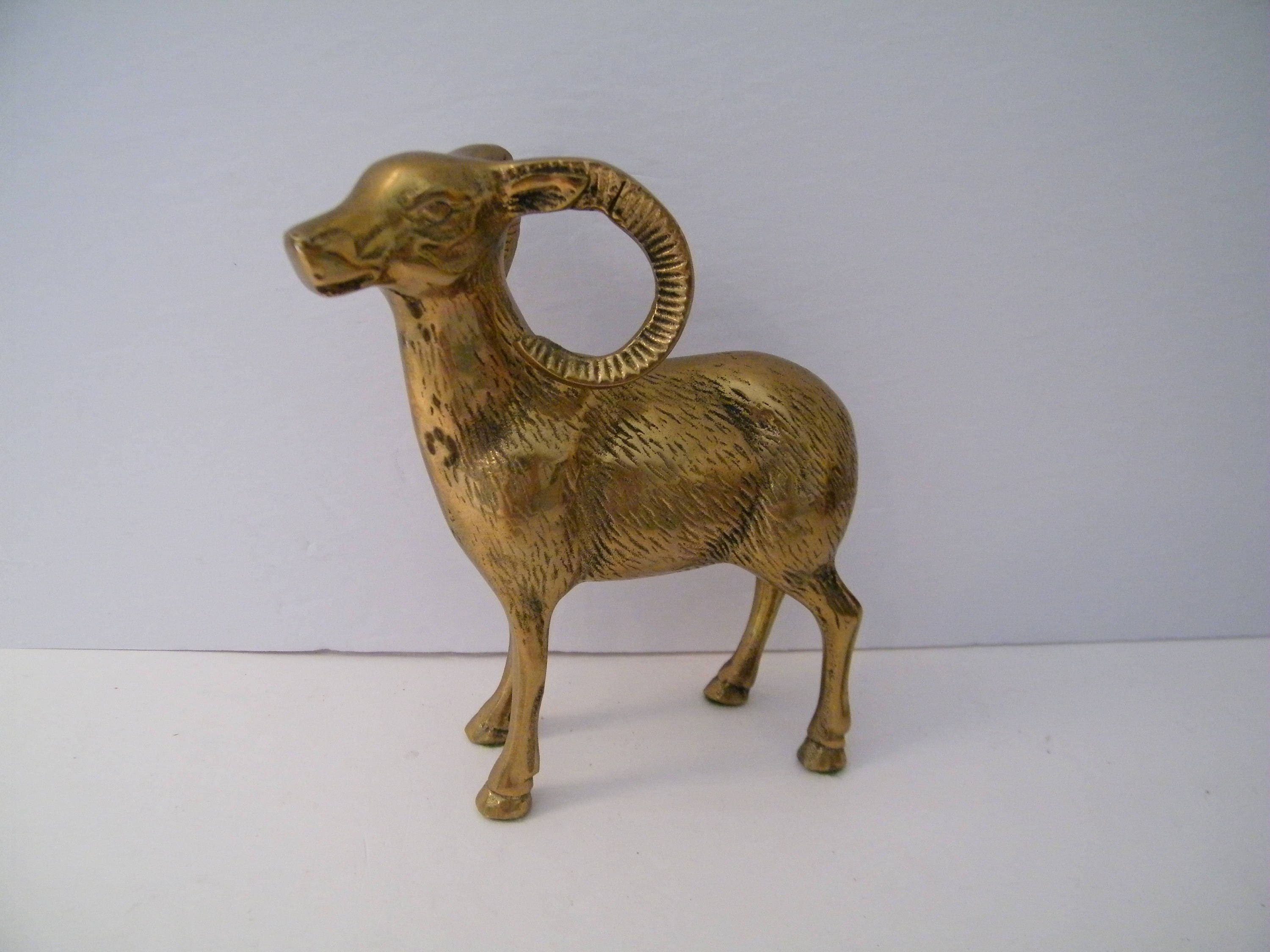 Brass Mountain Goat Figurine Vintage Long Horn Ram solid