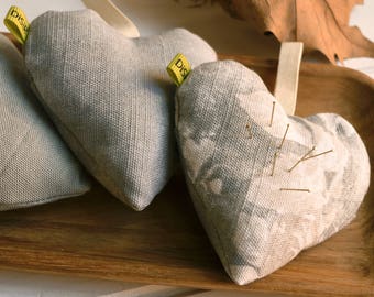 Set of 3 hearts of fabric, upholstery, textile heart, Pincushion, ornament, cotton linens, scented, green product, noel,