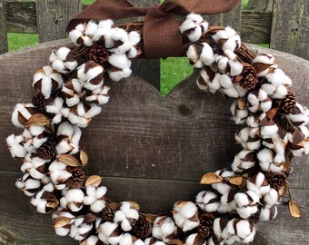 Fall wreath autumn wreath cotton wreath pinecone wreath rustic wreath farmhouse wreath fall decor grapevine wreath