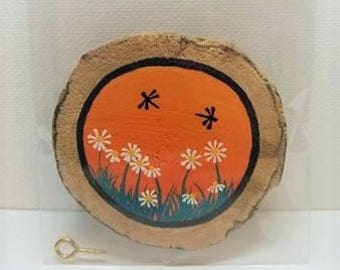 Driftwood Art Dragonfly Orange Black White Flowers Wood Magnet Wall Ornament Hand Painted Dragonflies Unique Gift Small Painting Home Decor