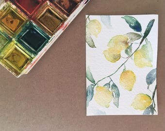 ACEO Original Watercolor Painting, Original Watercolor Lemon Painting, Kitchen Art, Home Decor Wall Art, Miniature Painting, Citrus Art,