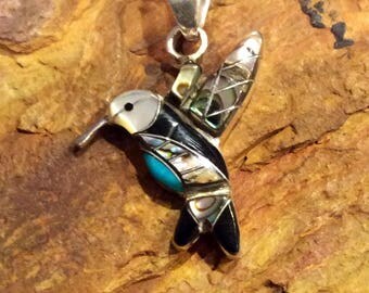 Native American Jewelry Sterling Silver Hummingbird Pendant Inlaid with Turquoise, Abalone, Black Onyx, and Mother of Pearl
