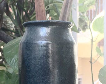 Blue Gray Ceramic Utensil Holder/ Vase