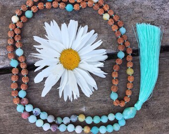 Amazonite Rudraksha Mala Necklace 108 | 108 mala beads | yoga necklace | Amazonite Mala beads | Rudraksha Mala | Prayer Beads | japa mala