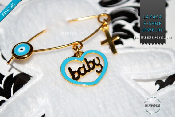 Blue Enamel Heart Baby Boy Brooch Sterling Silver Gold Handmade Jewelry Cross Eye Christening Mommy HappyShowerDay Religious Baptism Newborn