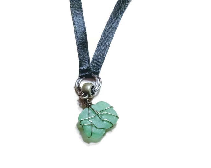 Small Green Authentic Lake Michigan Beach Glass - Wire Wrapped bronze wire - Black Ribbon Choker For Her - Cute