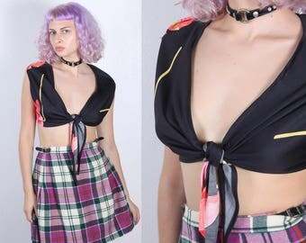 70s Crop Top // Vintage Black Floral Cropped Tie Front Disco Blouse - Large