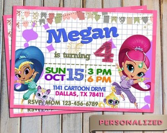 SALE 20 % Shimmer and shine Invitation, Shimmer and shine Invite, Personalized, Printable, Digital file, Thank you card free