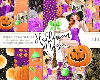Halloween paper pack, Witch digital paper, Fashion paper pack, halloween seamless patterns, autumn digital paper, pumpkin, skull papers