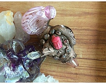 Pink Buddha Glass Tobacco Pipe Electroformed with Rose Quartz Stones and Quartz Point Girl Pipes OOAK Unique Handmade Pretty Copper Pipes