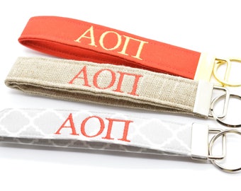 Officially Licensed Alpha Omicron Pi Sorority Keychain Key Chain Fob Wristlet Greek Life Personalized Embroidered Choose Color!