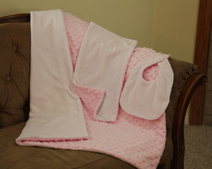 Minky Baby Blanket, Baby Girl Blanket, Stroller Blanket, Baby Shower Gift, Baby Girl Gift, Pink Minky, FREE Bib & Burp Cloth with Gift Box
