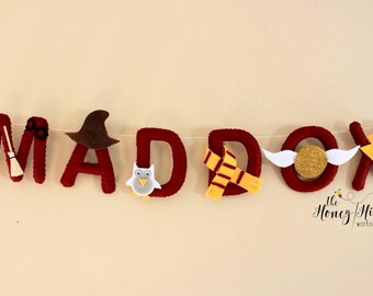 Felt name banner, wizard nursery, Harry Potter baby, nursery decor, harry potter decor, baby Harry Potter, hanging name banner, custom gift