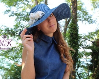 Sun Hat, Flower Decoration, Blue Hat, Beije Flowers