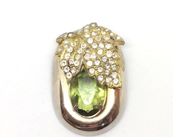 Vintage large green Crystal with studded rhinestone leaf brooch