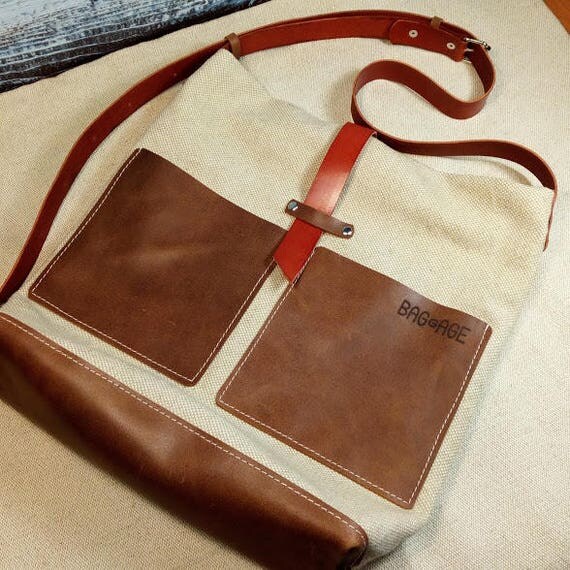 Items similar to Linen fabric bag leather strap pockets vintage Carry all tote bag Messenger
