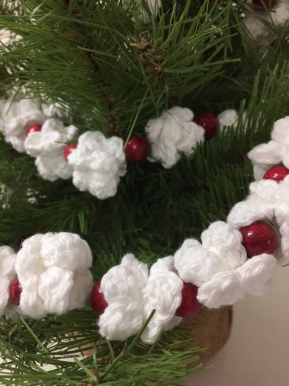 Crochet Popcorn Garland with Red Wooden Beads Christmas