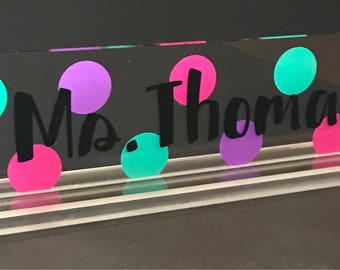 Teacher name plate, teacher name sign, teacher name plaque, teacher desk name plate, office decor, desk accessories, Tri-color Dots